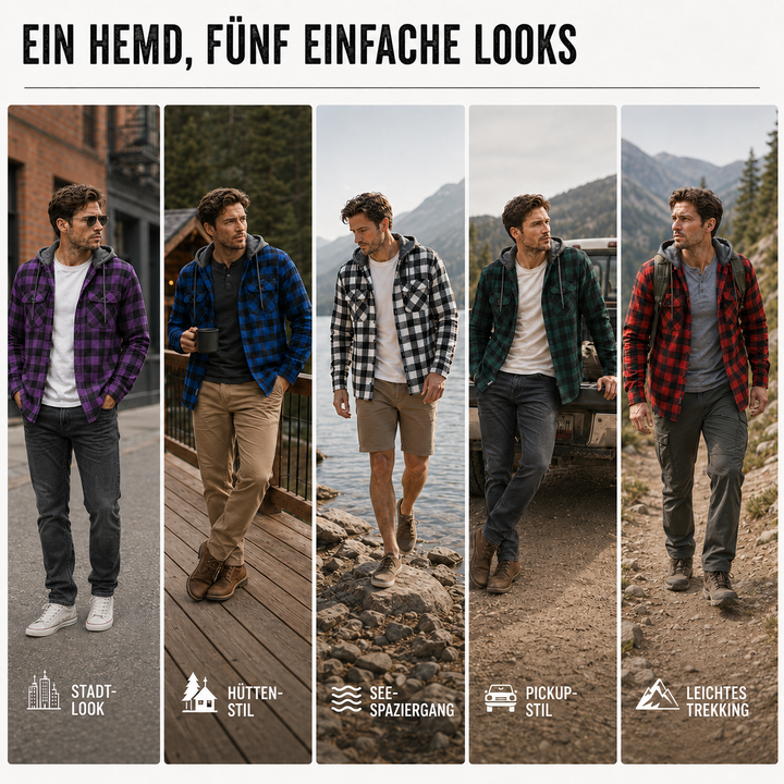Langarm-Kapuzenhemd für Herren, kariert, Freizeithemd, ideal als vielseitige Outdoor-Übergangsjacke.