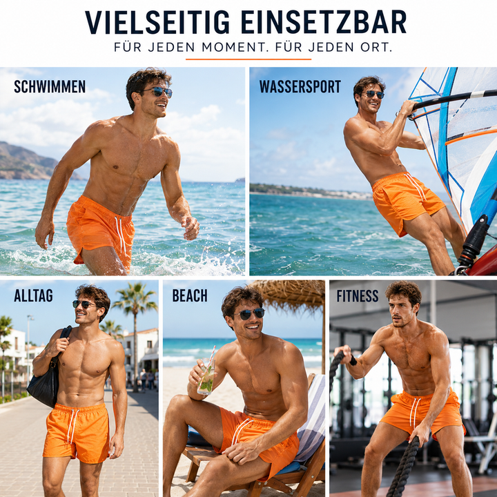 Leichte Herren Tiefbund-Schwimmshorts, atmungsaktiv und schnelltrocknend für Sport & Strand.