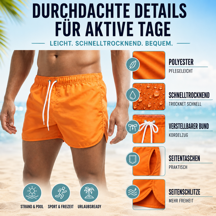 Stylische Tiefbund-Badeshorts für Männer, kurz und leicht, für einen trendigen Sommer-Look.