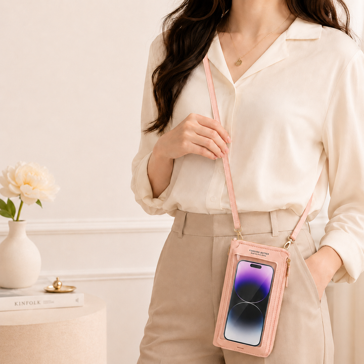 Damen Mini-Umhängetasche aus PU-Leder mit Touchscreen-Fenster; ideal als Handy-Tasche.