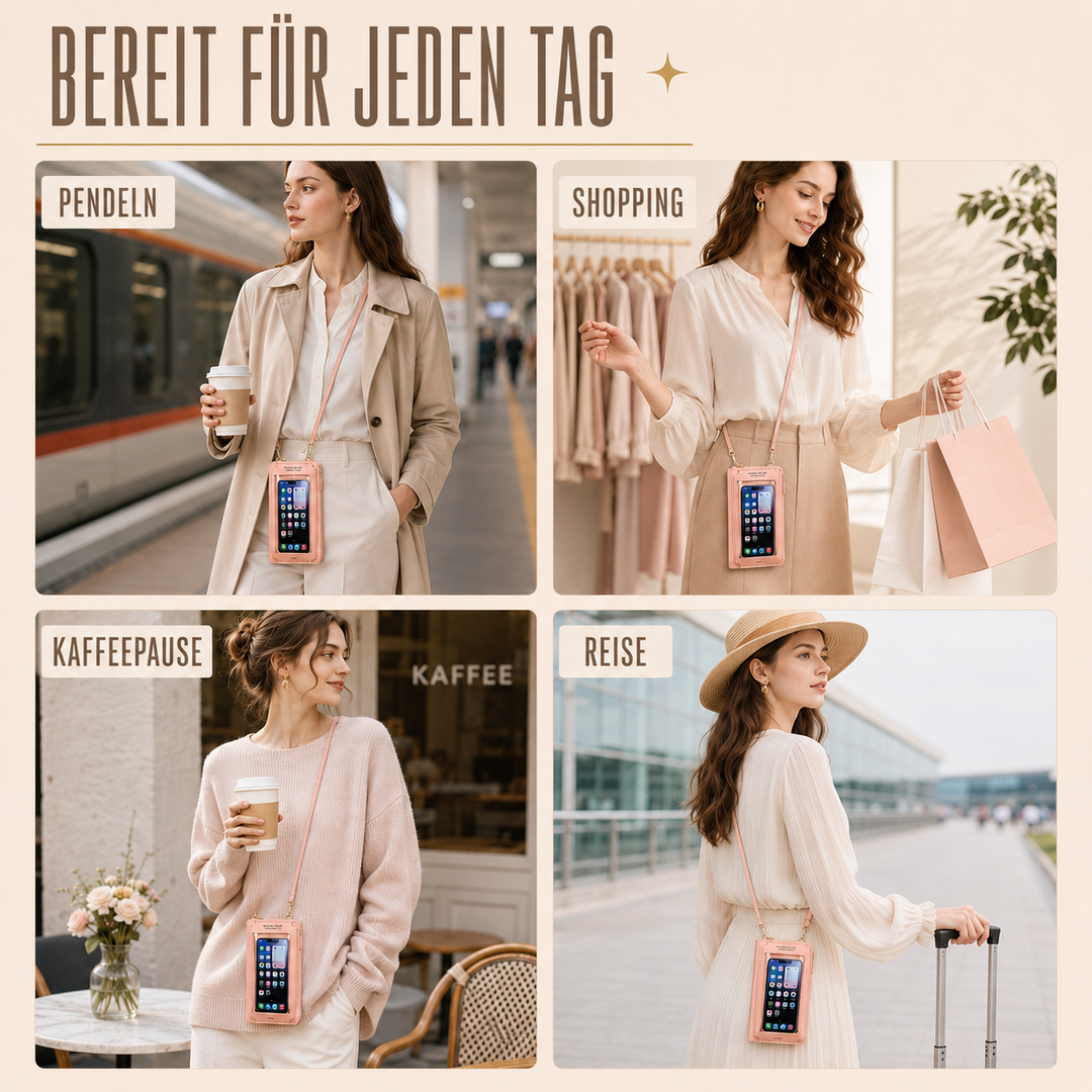 Handy-Umhängetasche für Damen, PU-Leder, mit Touchscreen-Fenster, als Reisebegleiter.