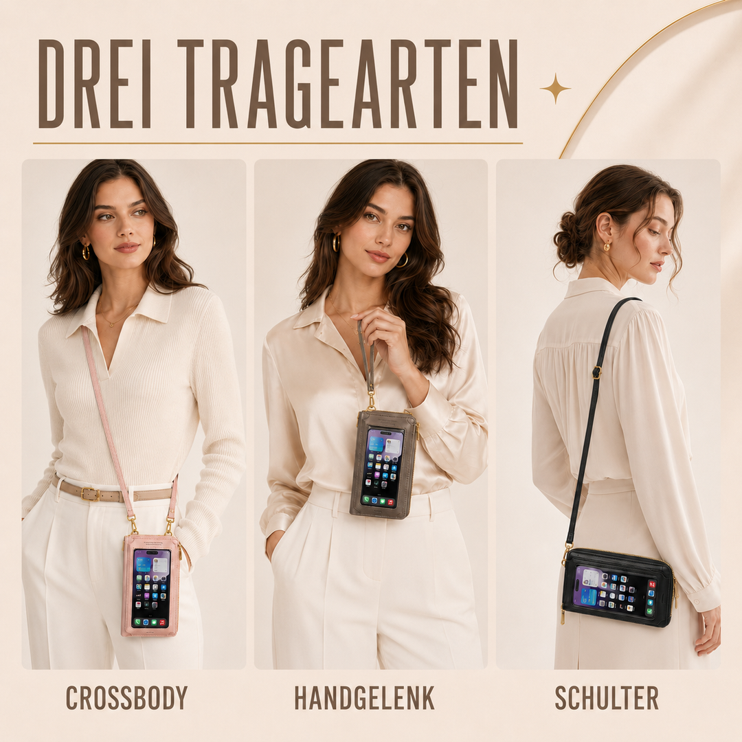Kompakte Damen Umhängetasche, PU-Leder, mit Touchscreen-Fenster für schnellen Zugriff.