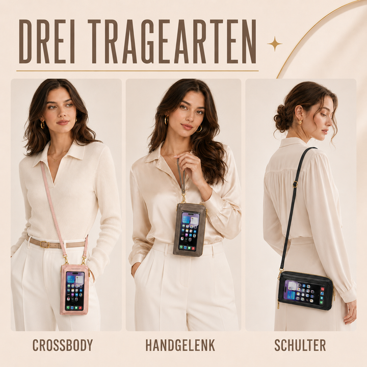 Kompakte Damen Umhängetasche, PU-Leder, mit Touchscreen-Fenster für schnellen Zugriff.