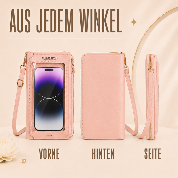 Kleine schwarze Damen Umhängetasche mit Touchscreen-Fenster für Smartphone, PU-Leder.