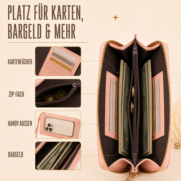 Modische Mini-Crossbody-Tasche für Damen, mit transparentem Smartphone-Fenster, PU-Leder.