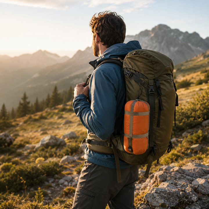 Blauer ultraleichter Umschlag-Schlafsack, unverzichtbar für Camping und Wanderer.