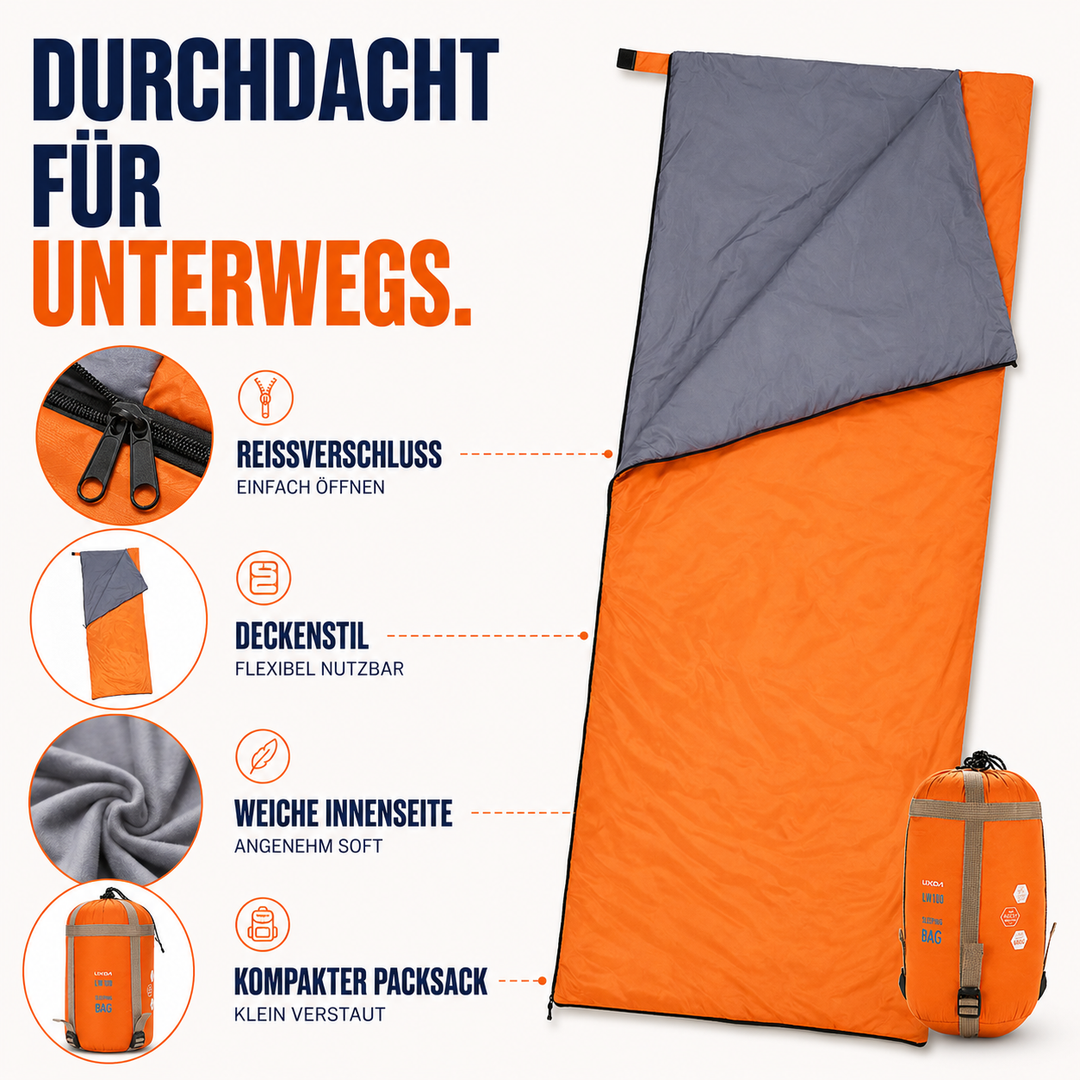 Aufgerollter, ultraleichter Umschlag-Schlafsack im Packsack, bereit für Outdoor-Reisen.