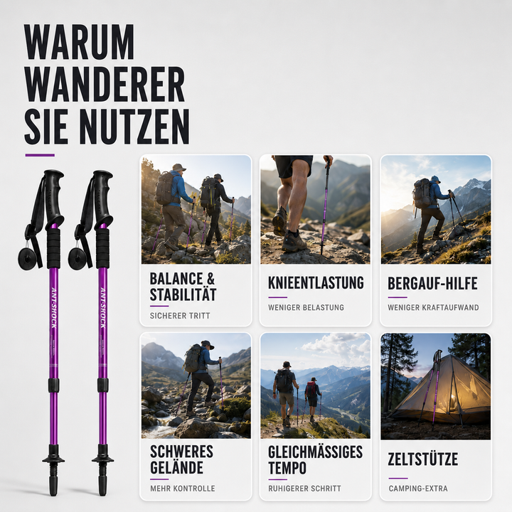 Ergonomische Trekkingstöcke, höhenverstellbar & leicht, ideal für lange Wandertouren im Gelände.
