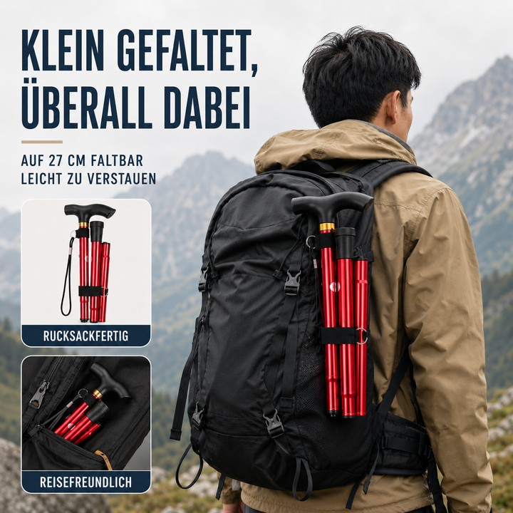 Zusammengeklappter Wanderstock, platzsparend & leicht für unterwegs.