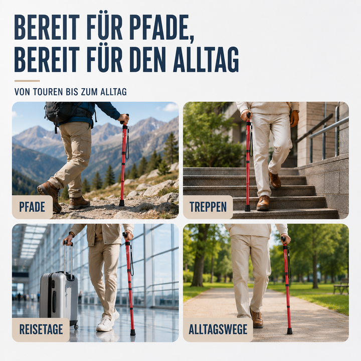 Faltbarer Wanderstock in der Natur, bereit für die nächste Wanderung.