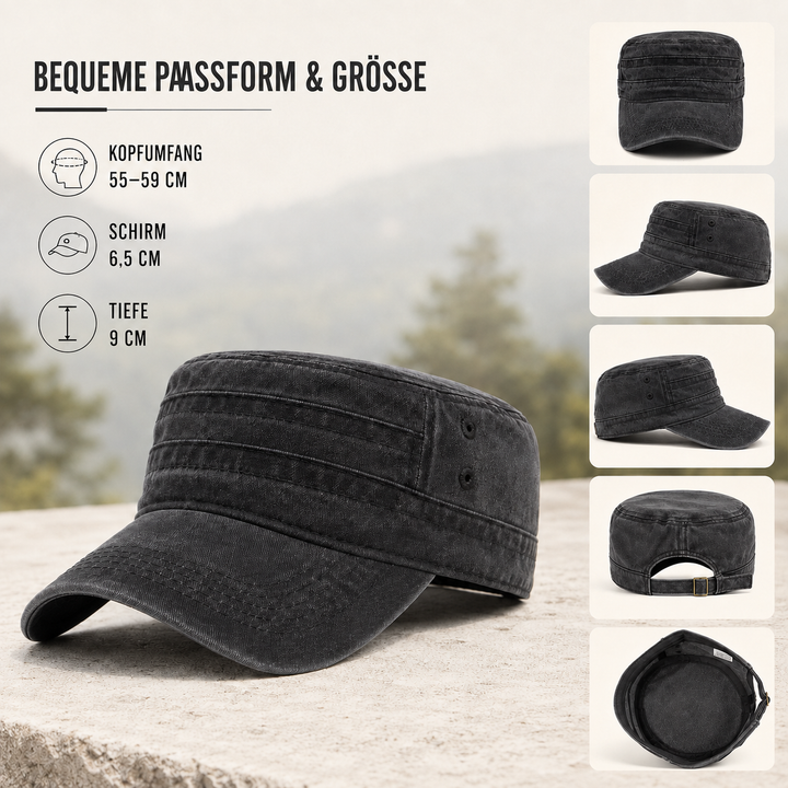 Gewaschene Vintage Kadettenkappe aus 100% Baumwolle, ideal für Outdoor-Freizeit. Unisex-Design.