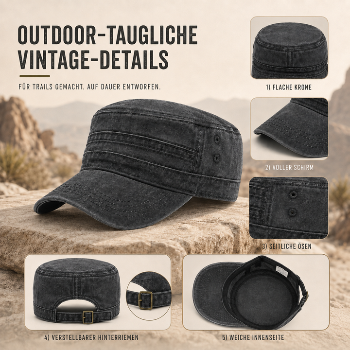 Komfortable Vintage Militärkappe aus Baumwolle, gewaschener Look. Unisex, verstellbar, ideal für Freizeit.