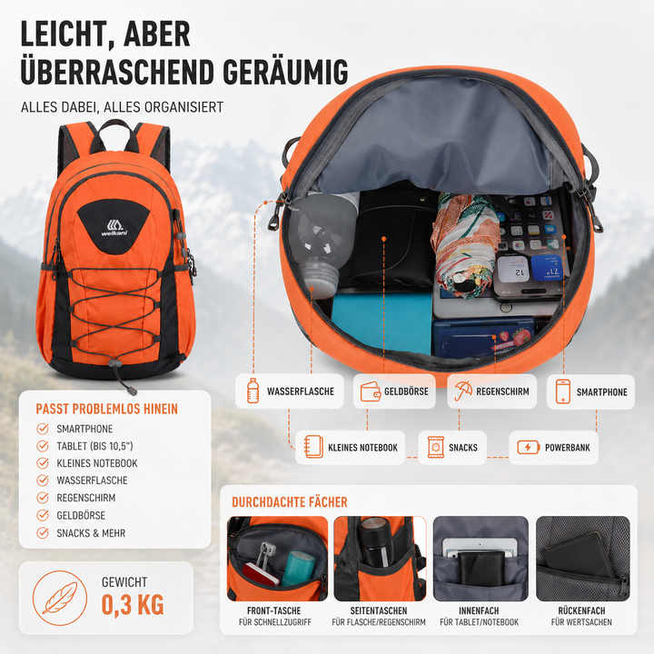 Ultraleichter Reise-Rucksack für Damen & Herren, faltbar & platzsparend.