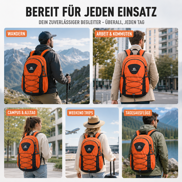 Outdoor-Tagesrucksack, unisex, grün, mit atmungsaktivem Rückenteil für Wanderungen.