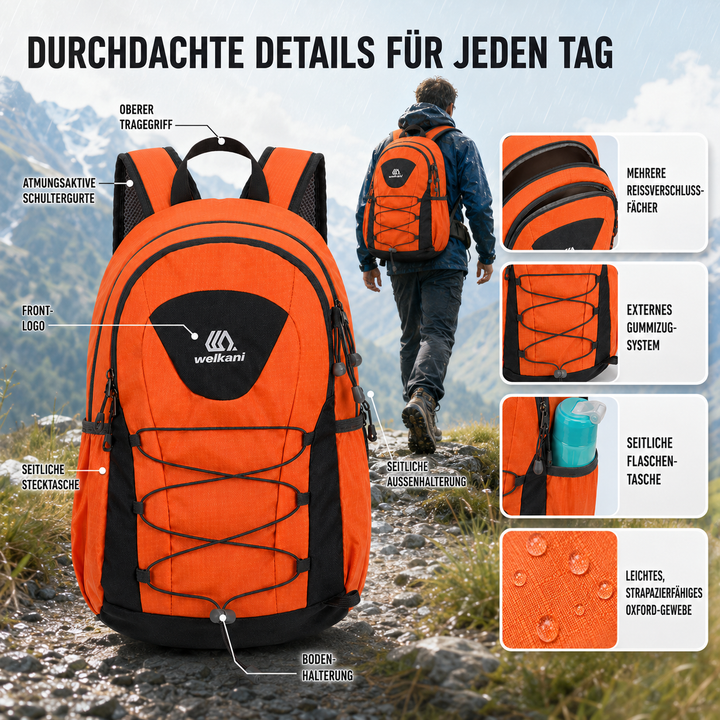 Geräumiger Tagesrucksack, unisex, mit vielen Fächern, für organisierten Transport.