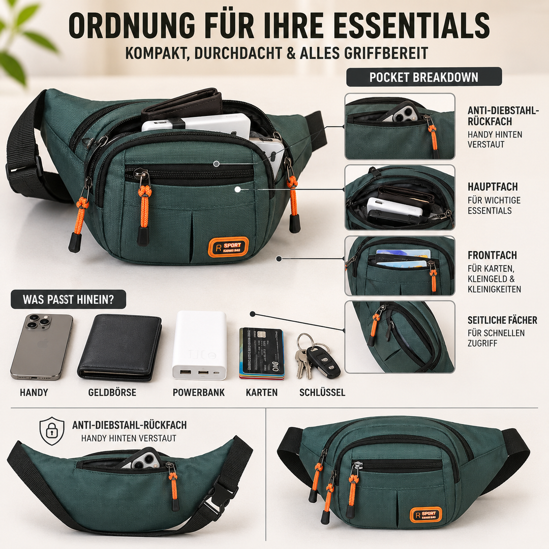 Wasserdichte Reise-Bauchtasche mit sicheren Reißverschlussfächern für Pässe, Geld und Handy, unisex.