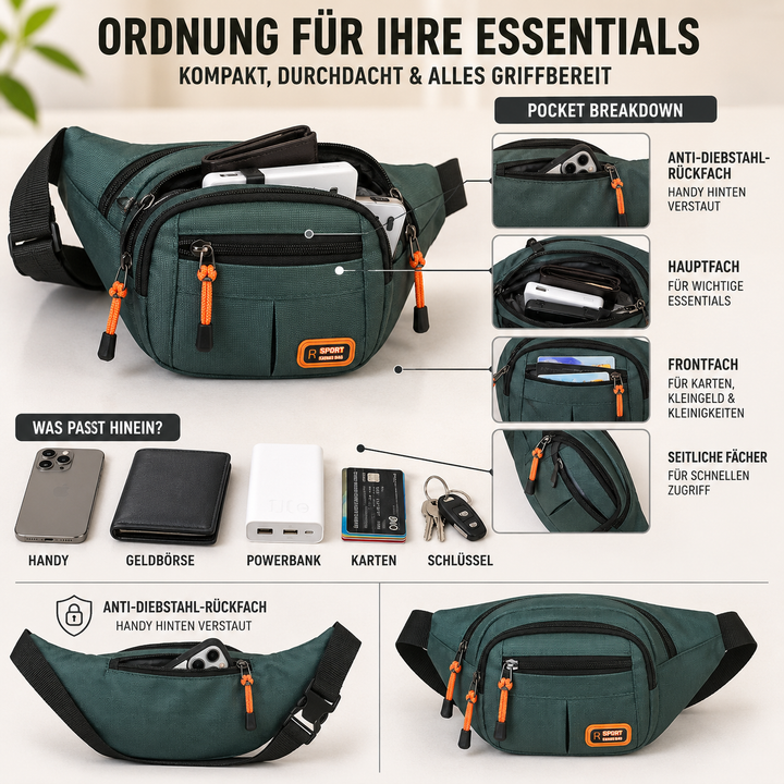 Wasserdichte Reise-Bauchtasche mit sicheren Reißverschlussfächern für Pässe, Geld und Handy, unisex.