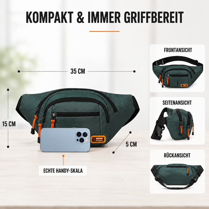 Praktische Unisex Hüfttasche mit vielen Fächern für optimale Organisation beim Pendeln & auf Abenteuern.
