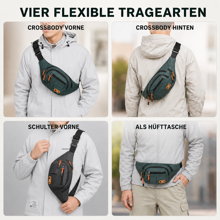 Sportliche, wasserdichte Hüfttasche, ideal für Läufer, Wanderer & Radfahrer, bietet viel organisierten Stauraum.