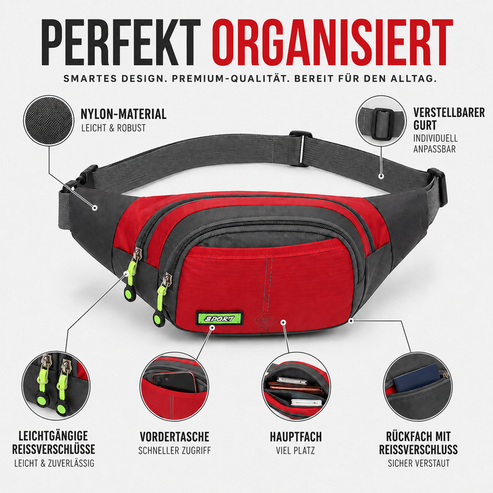 Kleine organisierte Nylon-Hüfttasche, wasserdicht, ideal für Outdoor-Aktivitäten und täglichen Gebrauch.