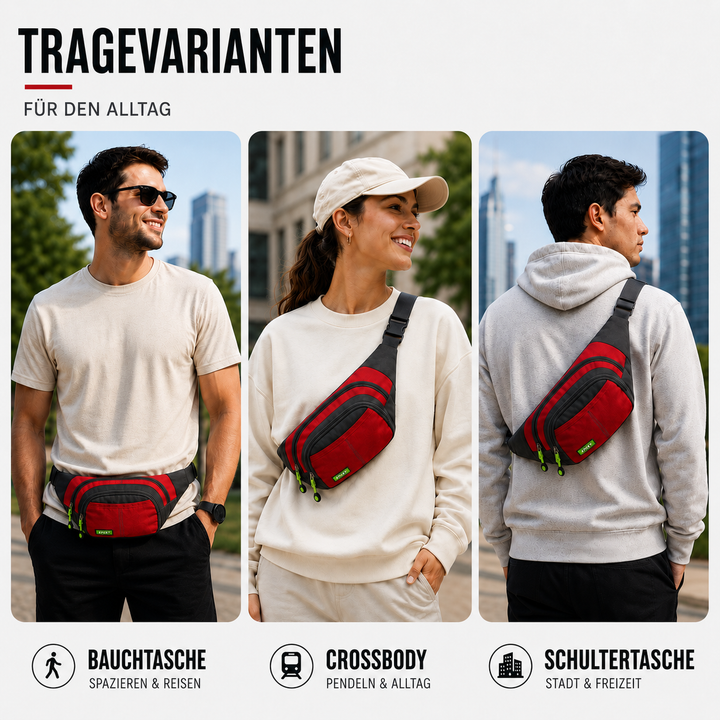 Praktische unisex Hüfttasche aus wasserdichtem Nylon, schlankes Design für Reisen & Alltagskomfort.