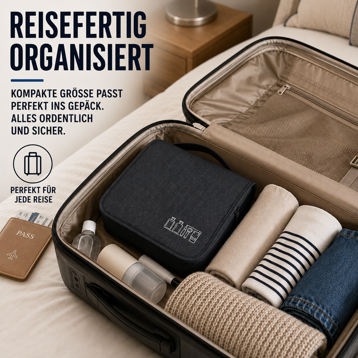 Hängende Reise-Kulturtasche für Dusche & Hotel, wasserdicht, mit Reißverschlussfächern.