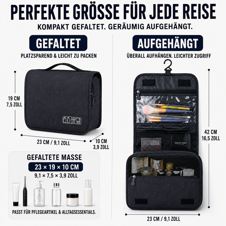 Kompakte wasserdichte Kosmetiktasche, faltbar, für platzsparende Aufbewahrung auf Reisen.