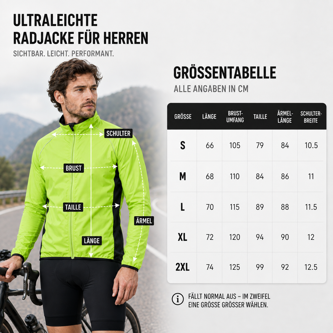 Packbare Velarun Radjacke für Herren, wetterfest, ideal für Rennradfahrer & Mountainbiker.