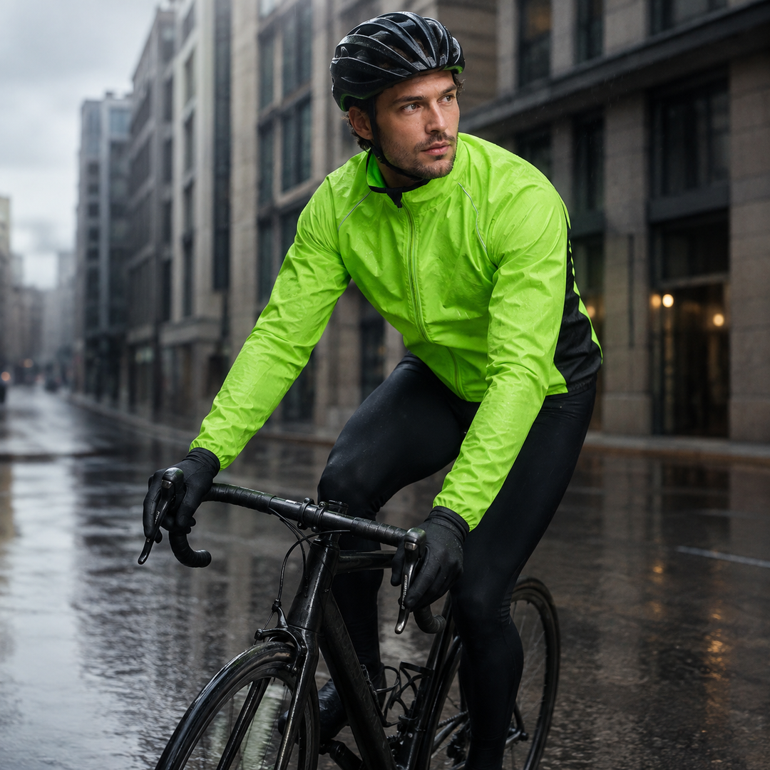 Ultraleichte Velarun Sportsjacke, packbar, reflektierend, ideal für sichere & trockene Radtouren.