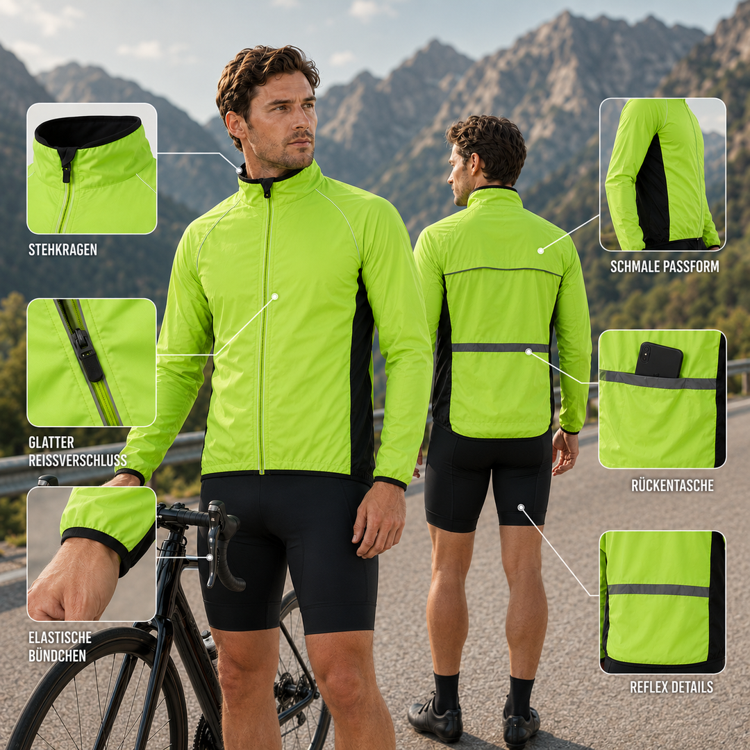 Reflektierende Velarun Herrenjacke, packbar, atmungsaktiv, essenziell für sichere Radfahrten.