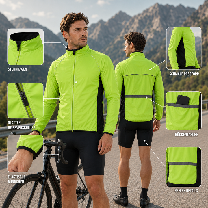 Reflektierende Velarun Herrenjacke, packbar, atmungsaktiv, essenziell für sichere Radfahrten.