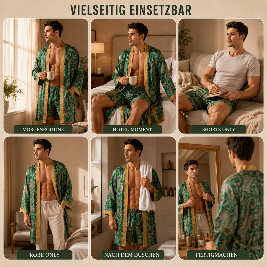 Kurzer Damen Bademantel und Shorts im Kimono-Look, ideal als Hausanzug oder Geschenk für Frauen.