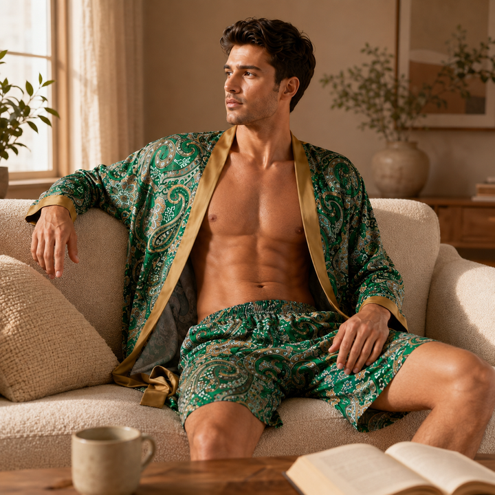 Modernes Damen Bademantel-Set im Kimono-Stil mit Shorts, vielseitige Loungewear für zuhause.