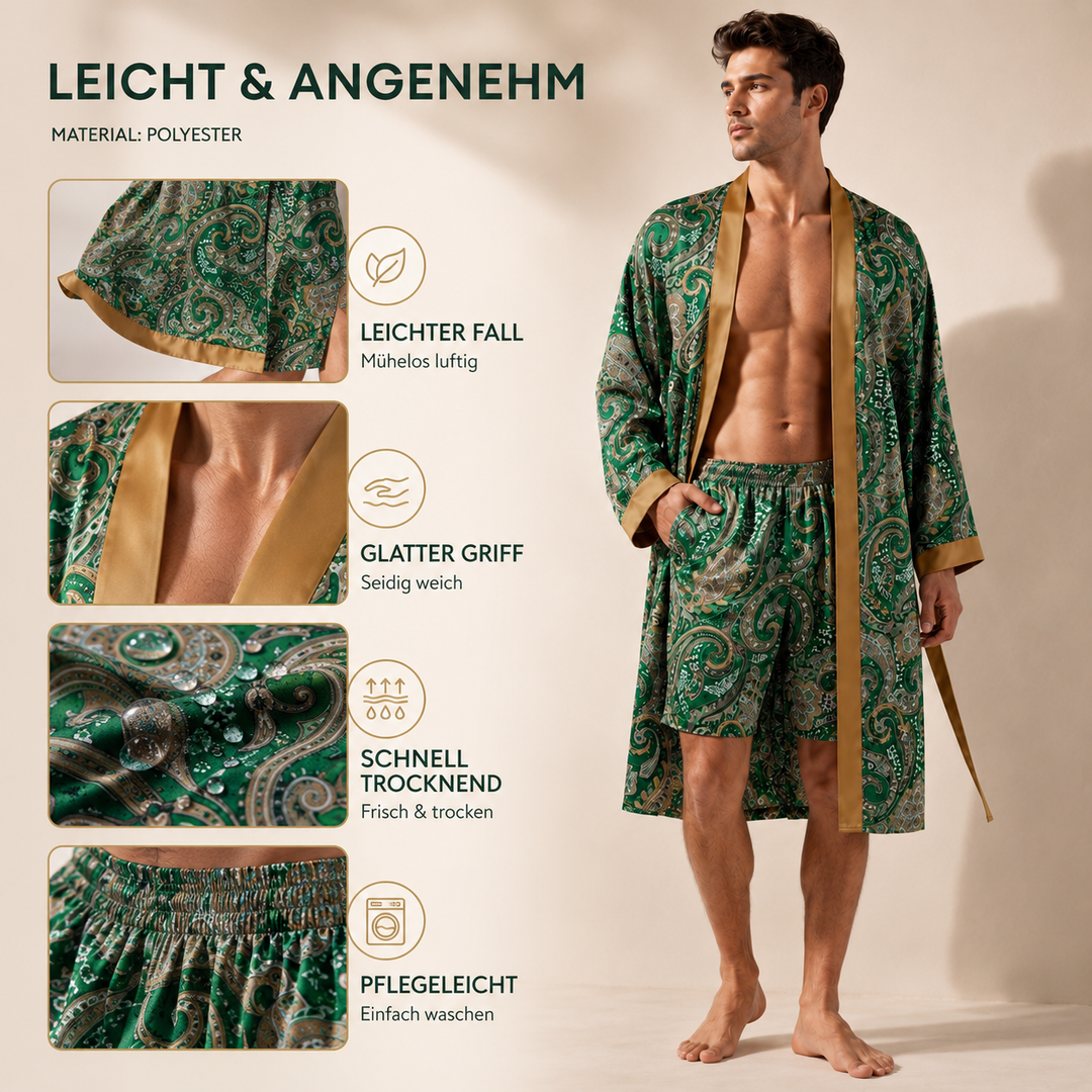 Elegantes Damen Loungewear-Set: Kimono Bademantel mit Shorts für stilvolle Gemütlichkeit und Mode.
