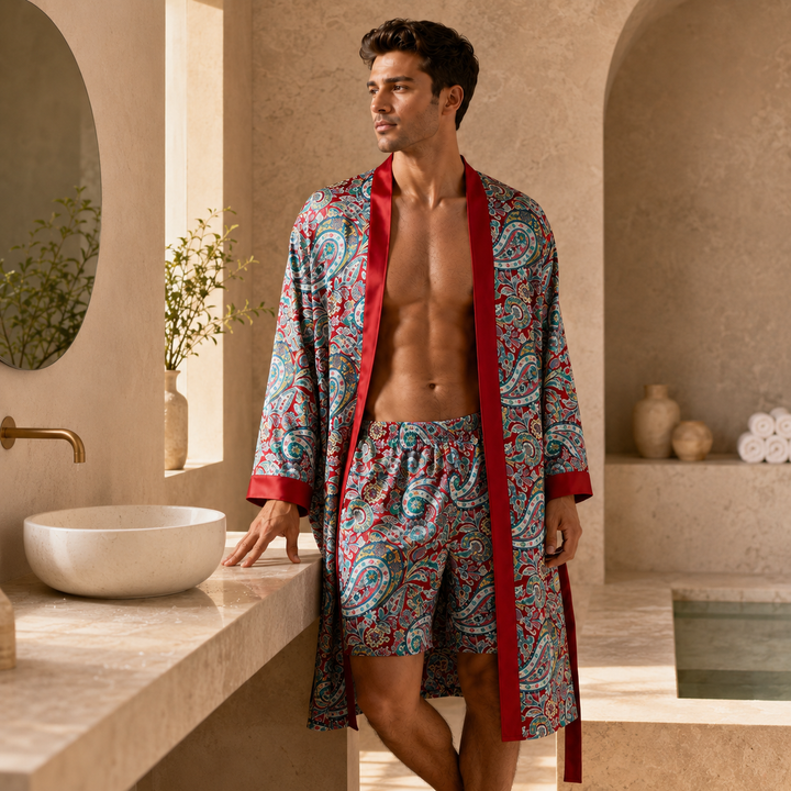 Komfortables Damen Kimono-Stil Schlafanzug-Set: Bademantel und Shorts für erholsame Nächte.