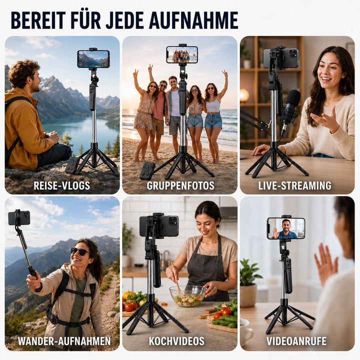 Klappbares Universalstativ & Selfie-Stick für Handy, inklusive Bluetooth-Fernbedienung.