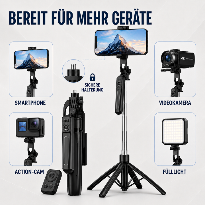 3-in-1 Selfie-Stick, Stativ & Smartphone-Halter für Handy-Fotos und Videoaufnahmen.