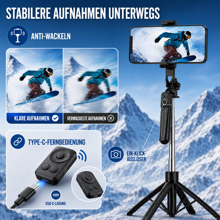 Stabiles Selfie-Stativ für Smartphones, ideal für YouTube Videos und Instagram Content Creation.