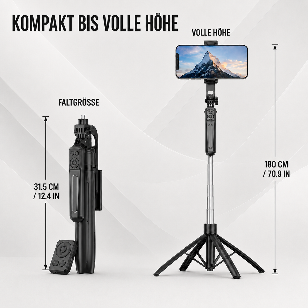 Kompaktes Reise Stativ & Selfie-Stick für Smartphones, klappbar und leicht zu transportieren.