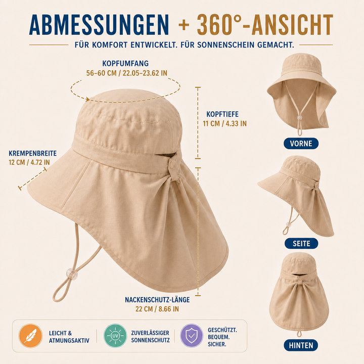 Fischerhut Vistara, breitkrempig, für Outdoor-Aktivitäten. Polyester Wanderhut mit UV-Schutz & Nackenschutz.