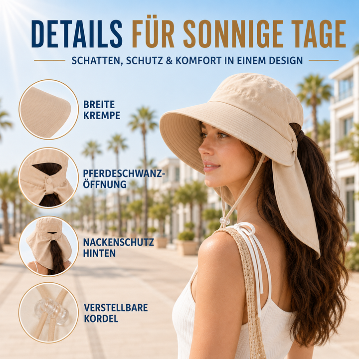 Sommerlicher Wanderhut Vistara mit Nackenschutz. Breitkrempiger UV-Schutz Sonnenhut, ideal für Outdoor.