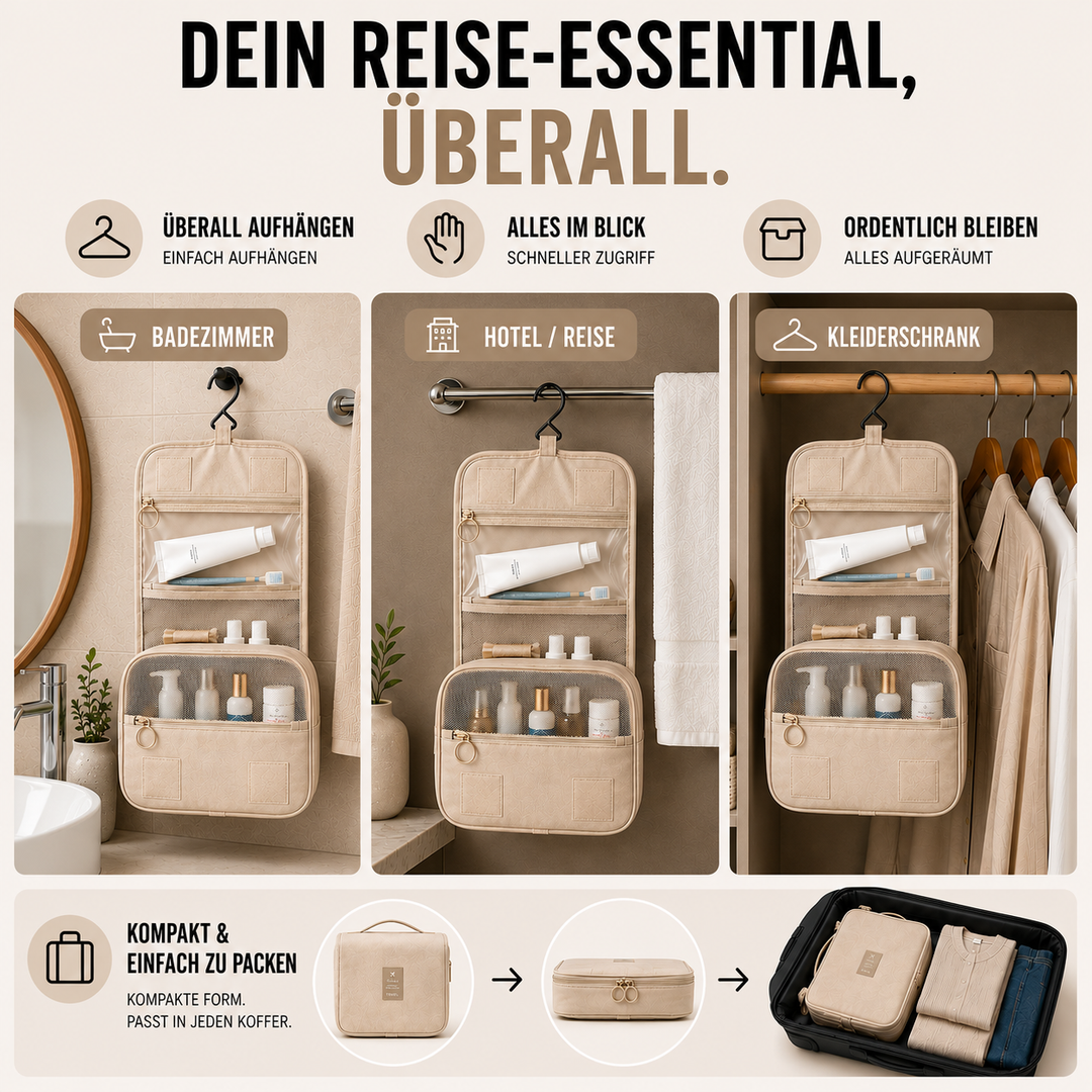 Funktionale Kulturtasche, wasserdicht, mit Haken, hält Reiseutensilien sicher & griffbereit.