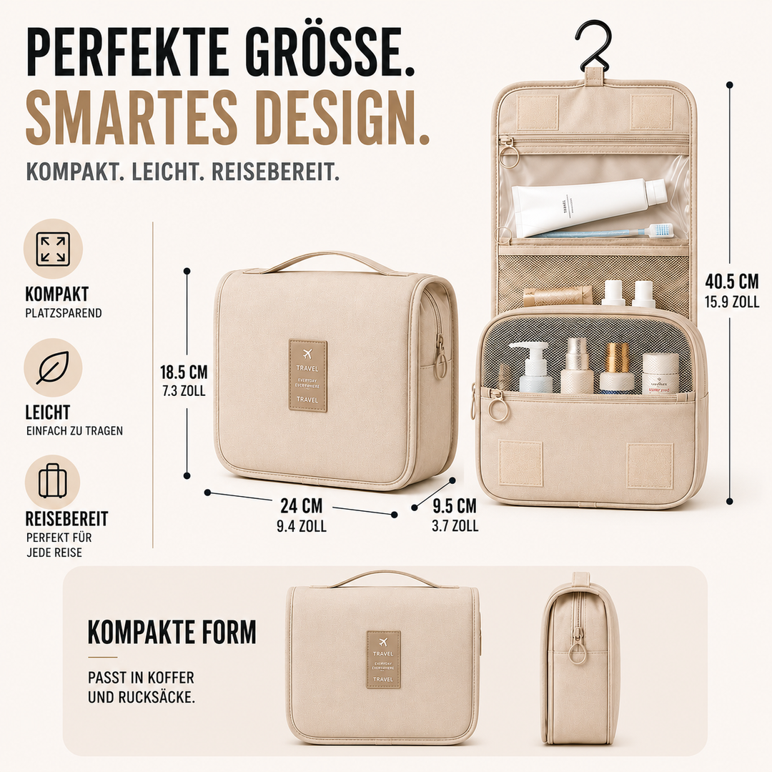 Reise-Kulturtasche wasserdicht, Organizer für Duschgel, Shampoo; hängt bequem im Bad.
