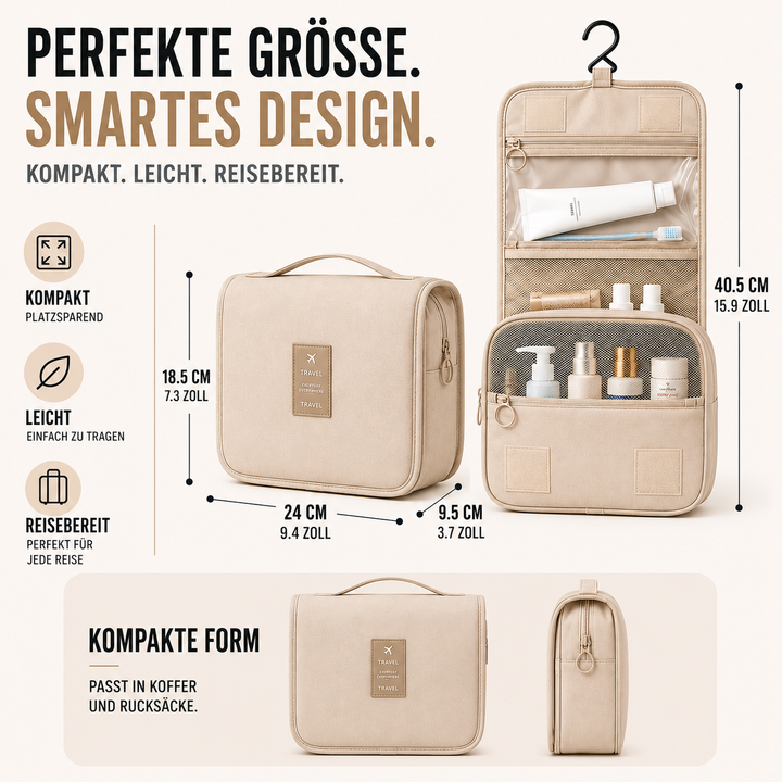 Reise-Kulturtasche wasserdicht, Organizer für Duschgel, Shampoo; hängt bequem im Bad.