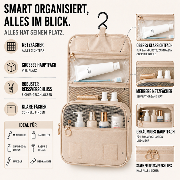 Geräumige Hängewaschtasche, wasserdicht, ideal als Reise-Organizer für Hygieneartikel.