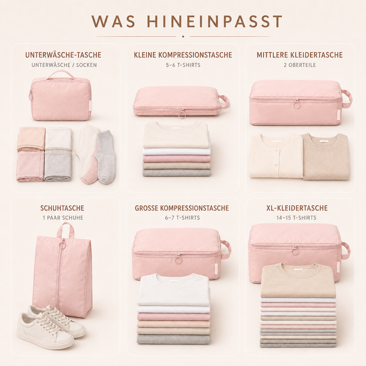 Koffer-Ordnungssystem: farbige Packwürfel helfen beim Sortieren von Reisegepäck im Urlaub.