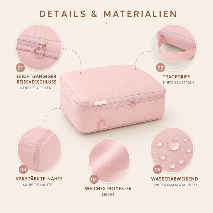 Robustes Reiseorganizer-Set aus Polyester, hält Kleidung organisiert und schützt sie im Koffer.
