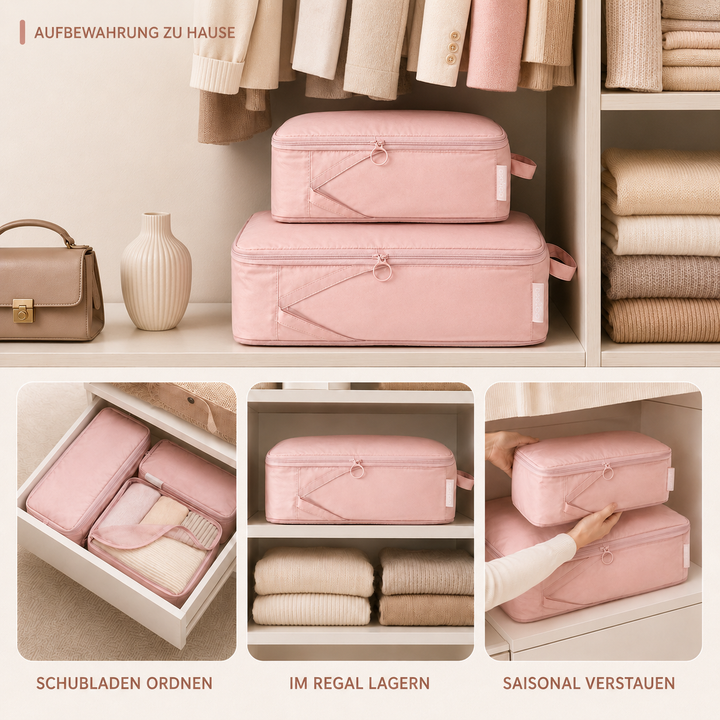 Packwürfel-Set für Reisen: faltbare Kompressionsbeutel sorgen für mehr Platz im Handgepäck.