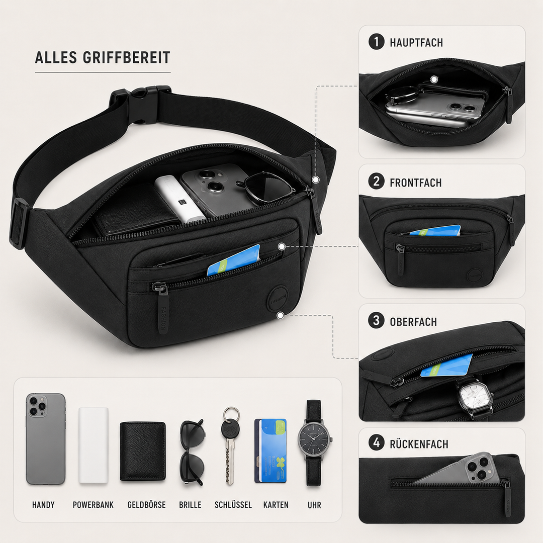 Unisex Bauchtasche, wasserdicht & kompakt, perfekt für Outdoor, Wandern und Stadtbummel.