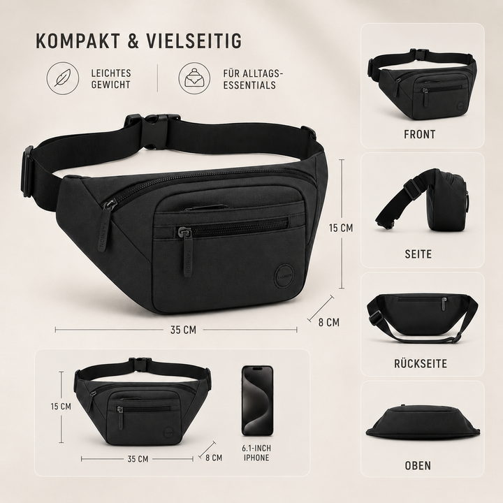 Vielseitige, wasserdichte Bauchtasche als Crossbody- oder Gürteltasche für Sport & Freizeit.